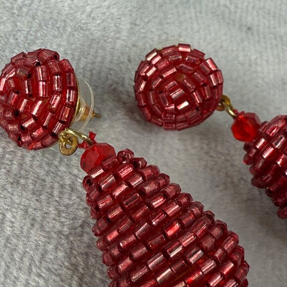 Beaded Red Tassel Pierced Earrings Statement Jewelry Gold Tone Back Vibrant Boho - Picture 3 of 16